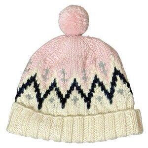 J. Crew Fair Isle Beanie Pink Cream 100% Wool Cuffed Pom Pom Winter Hat Snowcore